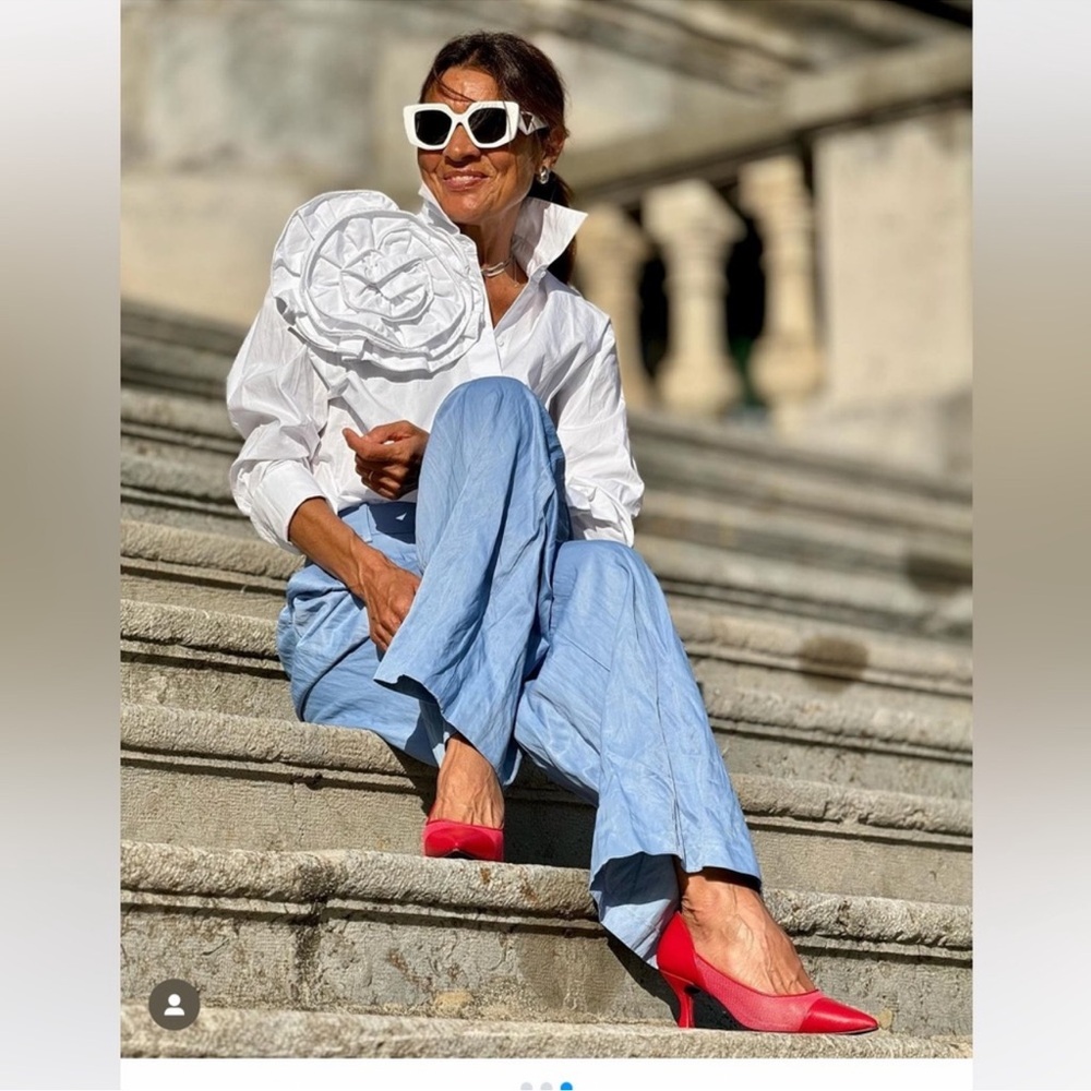 Zara Light Blue One-Shoulder Top and Wide-Leg Pants Set - Picture 13 of 16